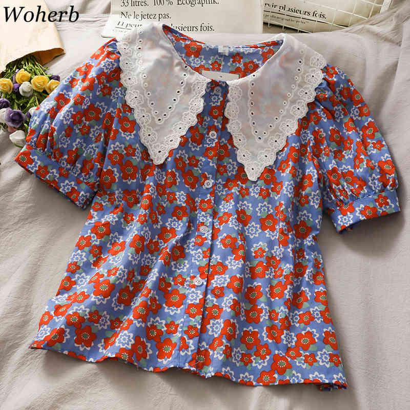 Floral Blusas Mujer Office Ladies Summer Tops Turn-down Collar Sweet Women Blouses Vintage Korean Print Cute Shirts 210519