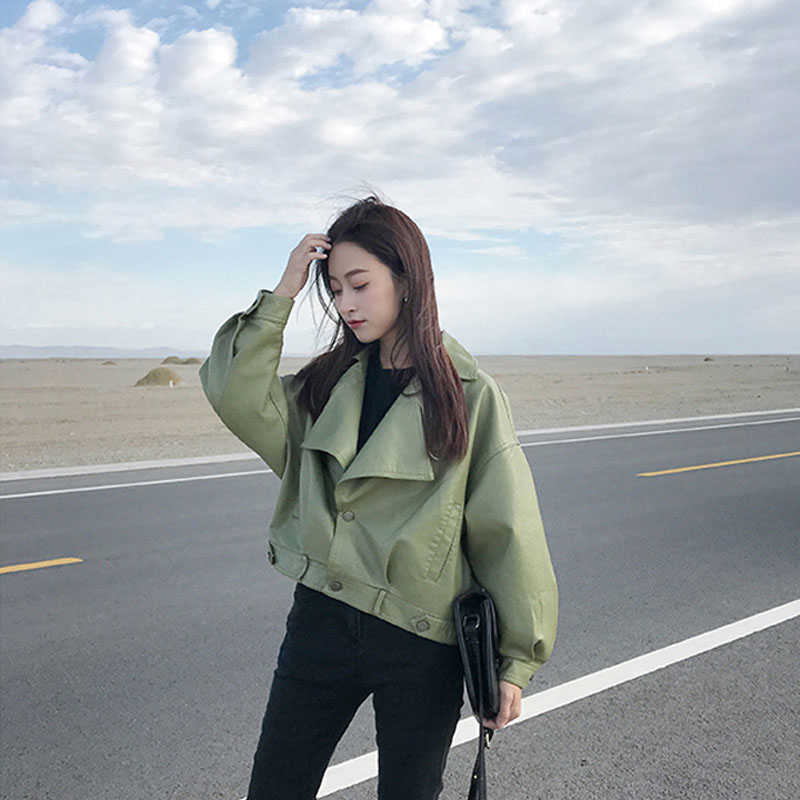 LY VAREY LIN Faux Soft Leather Motorcycle Jacket Short Biker Coat Single Breasted Big Pocket Outwear 210526