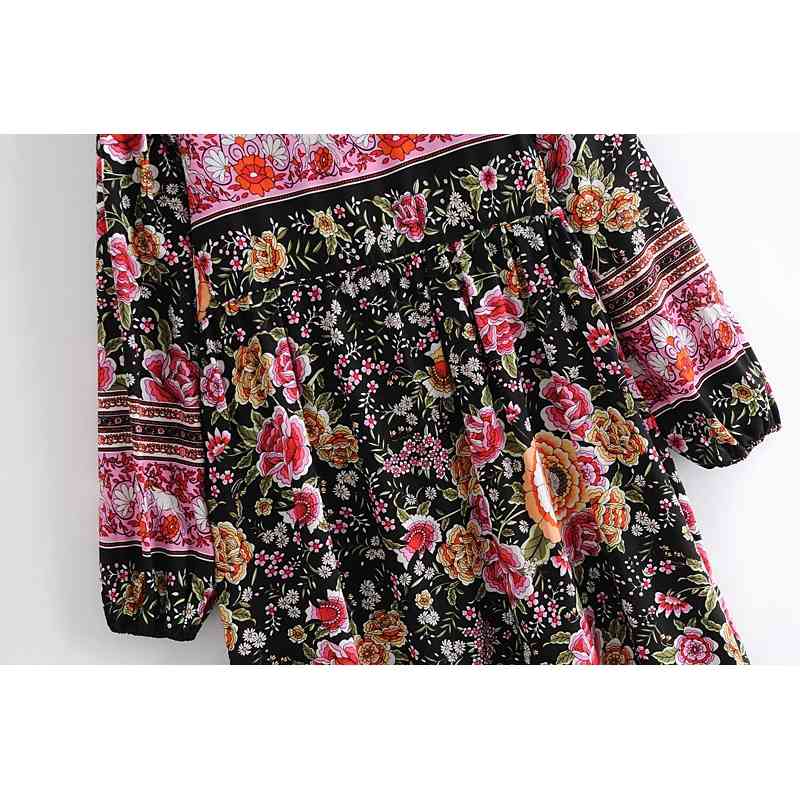 Holiday Bandage Lacing up Collar Contrast color Flower Print Dress BOHO Woman Long Sleeve Maxi Bohemian Dresses Beach 210429