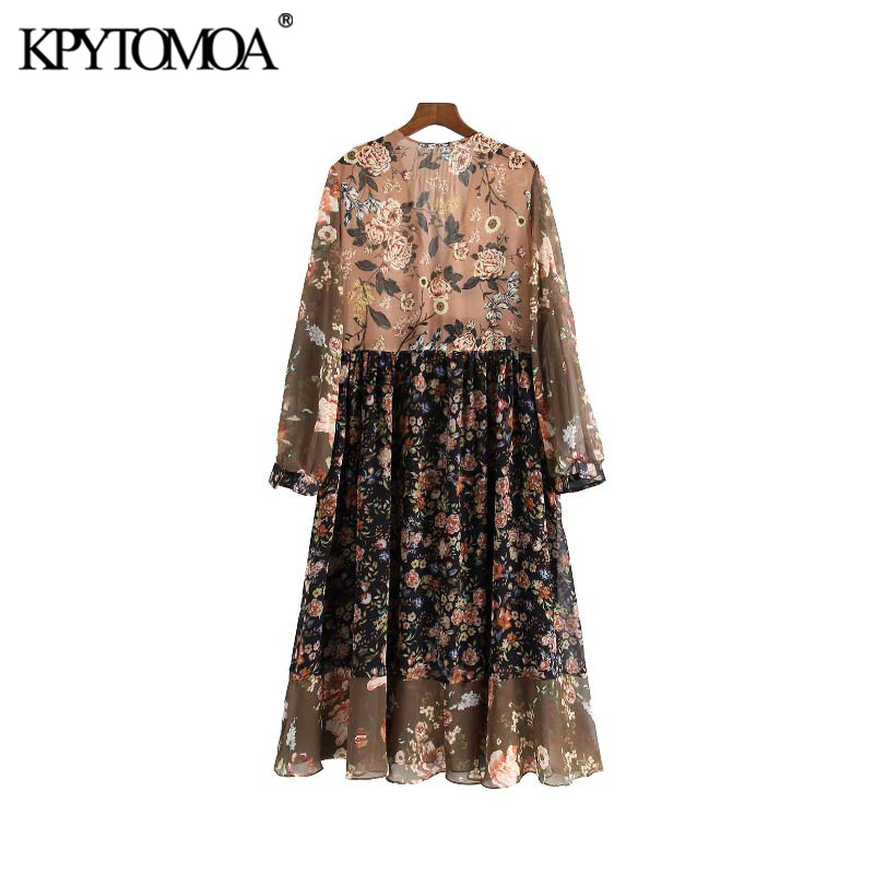 KPYTOMOA Women Chic Fashion Floral Print Chiffon Midi Dress Vintage V Neck See Through Sleeves Female Dresses Vestidos Mujer 210409