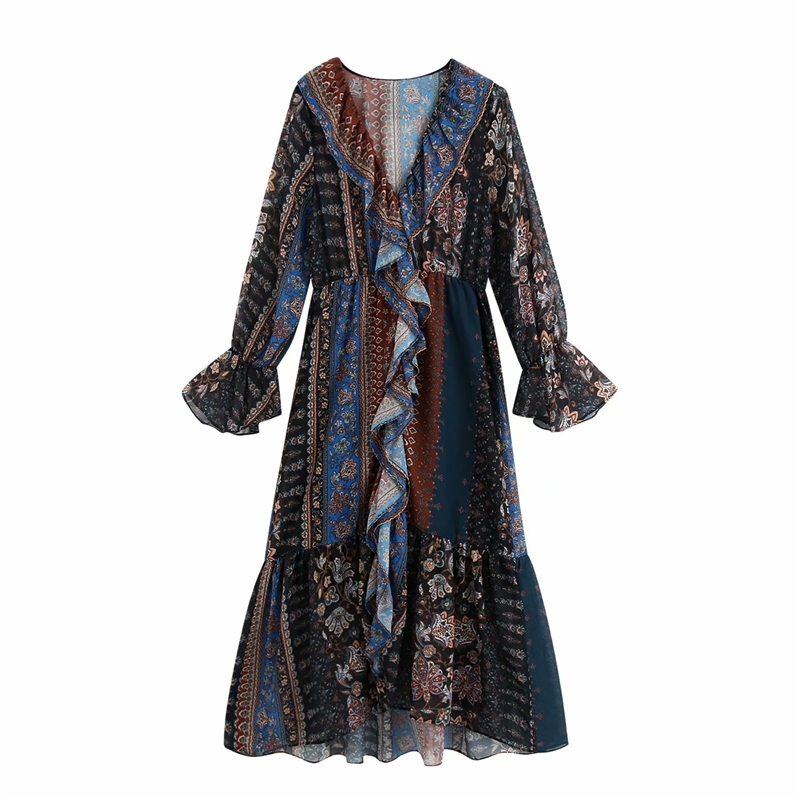 Vintage Women Cascading Ruffles Dress Fashion Ladies V-Neck Vestidos Streetwear Female Chic Print Patchwork 210430
