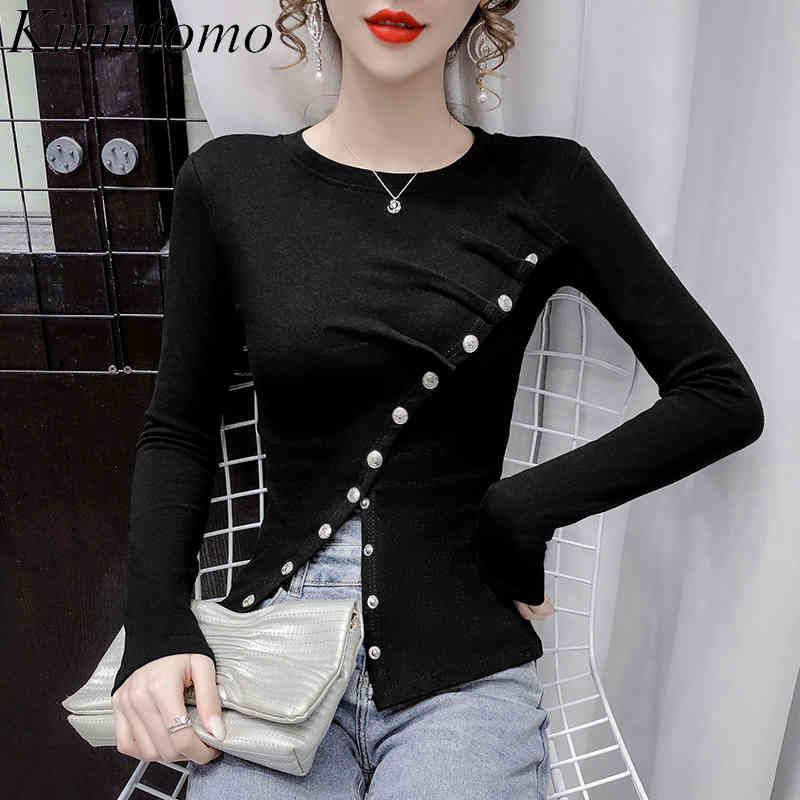 Kimutomo Irregular Long Sleeve T-shirt Spring Chic Fashion Ladies O-neck Oblique Buttons Split Slim Tops Knitwear Elegant 210521, Black
Kimutomo Irregular Long Sleeve T-shirt Spring Chic Fashion Ladies O-neck Oblique Buttons Split Slim Tops Knitwear Elegant 210521, Black