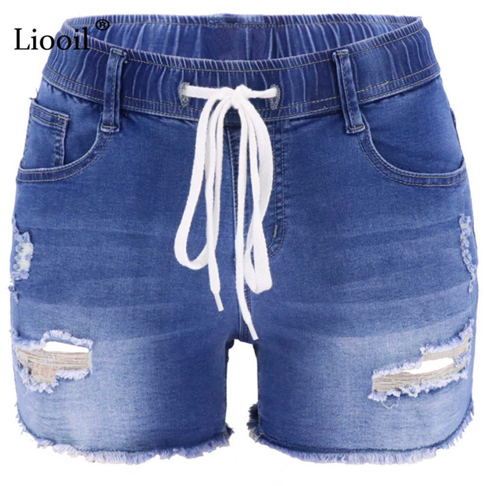 Liooil Sexy Ripped Skinny Denim Shorts With Pockets Women Summer Streetwear High Waist Distressed Bodycon Hole Jean Shorts 210625