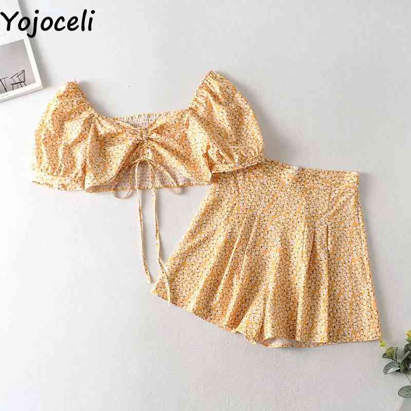 Yojoceli Sexy bow ruffle short dress women two piece set Summer elegant floral print beach dress Casual daily dress vestidos 210331