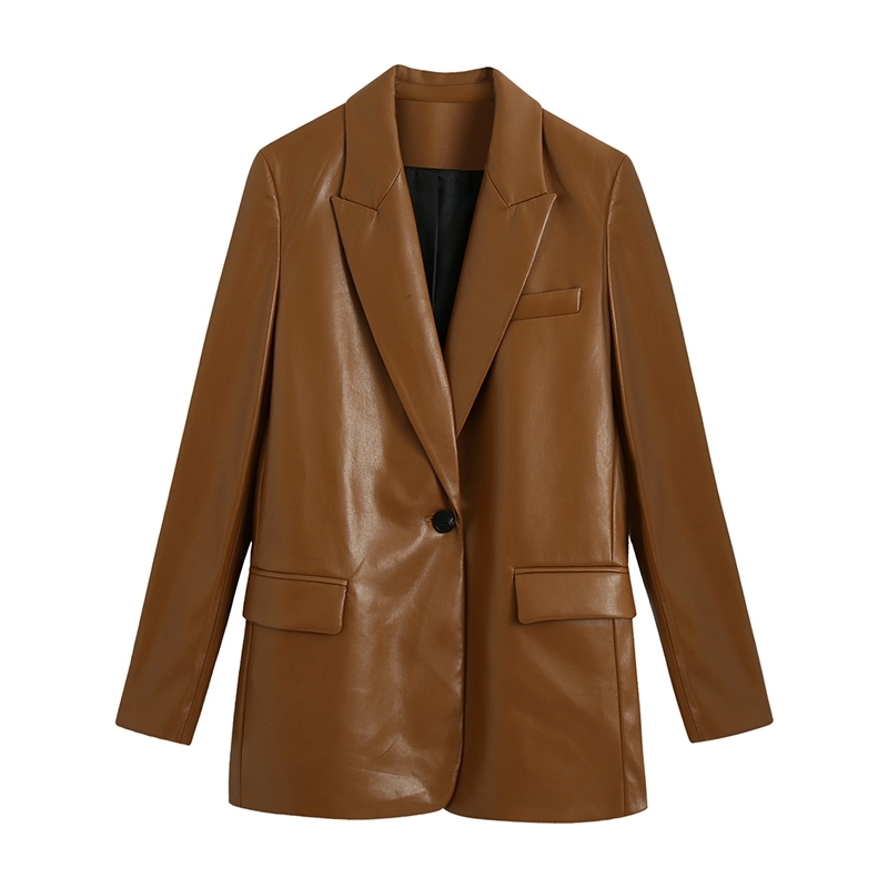 Office Lady PU Two Piece Set For Women Lapel Long Sleeve Blazer High Waist Wide Leg Pants Leather Sets Female Fashion Autumn 210531