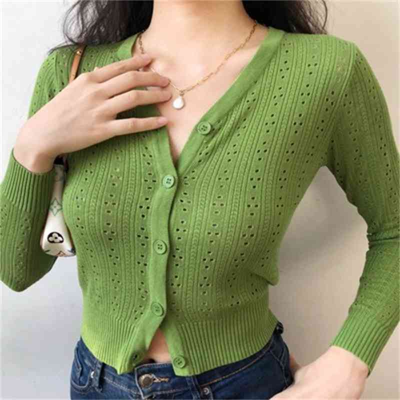Vintage long sleeve Knitted Cardigan women buttons bgreen black sweater casual korean 210521
