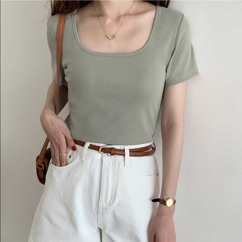 Elegant Square Collar Dew Clavicle Solid Crop Top Summer Simple All Match Short Sleeve Tshirt Women Chic Slim Bottoming Tee 210525