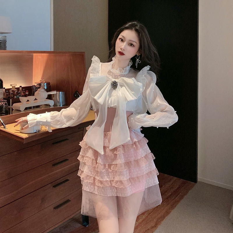 Spring French Elegant Fashion Suits Women Bow Shirts+Mini Skirts Korean Style 2 Piece Sets Female Kawaii Lolita Costume Y2k 210521