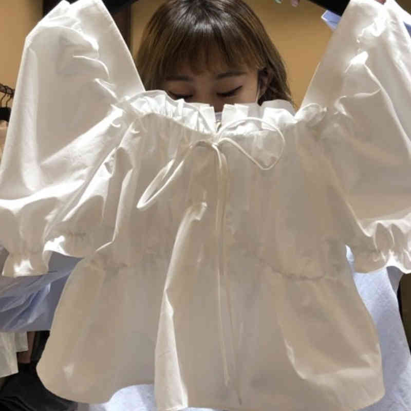 Nomikuma Sweet Short Blouse Shirt Bow Tie Square Collar Puff Sleeve Womens Tops Summer New Sweet Ruffle Blusas Femme 6H182 210427