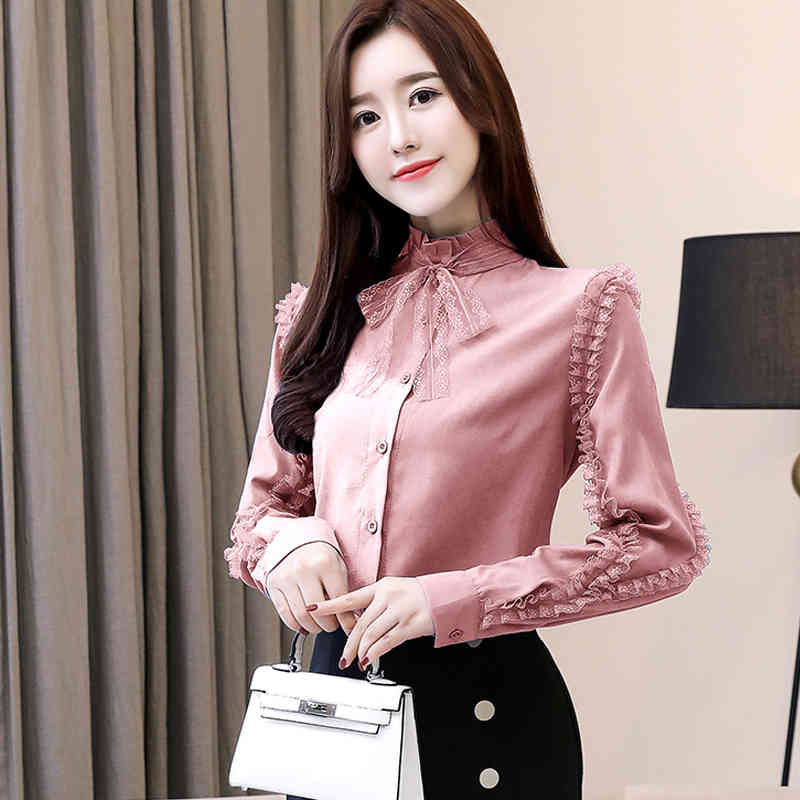 Long Sleeve Solid Blouse Women Shirt OL Casual Bow Collar Cardigan Clothes Blue Pink Camisas Mujer 6946 50 210508
