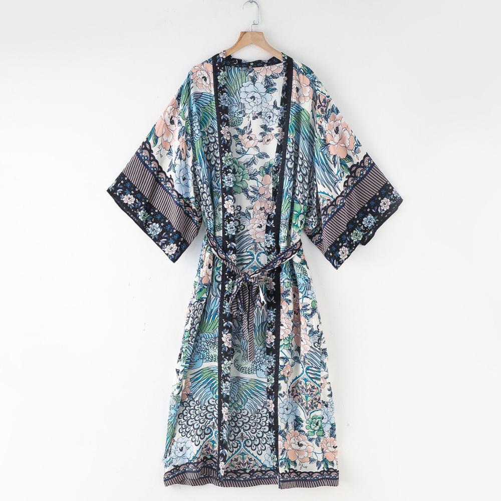 Bohemian V neck Peacock Flower Print Long Kimono Shirt Ethnic Lacing up With Sashes BOHO Cardigan Tie Bow Blouse Tops 210429