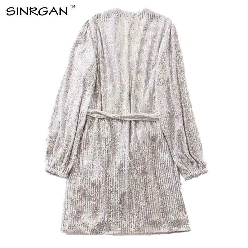 NANKEY Party Silver Glitter Sequin Dress Women Evening Sexy Body Occasion Wrap Dress Sashes V Neck Mini Vestidos 210409