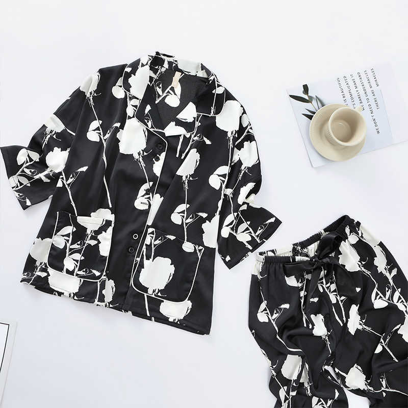 Satin Women Sleepwear Print Flower Pyjamas Casual Pajamas Set Lounge Wear 2PCS Shirt&Pants Nightwear Intimate Lingerie Q0706