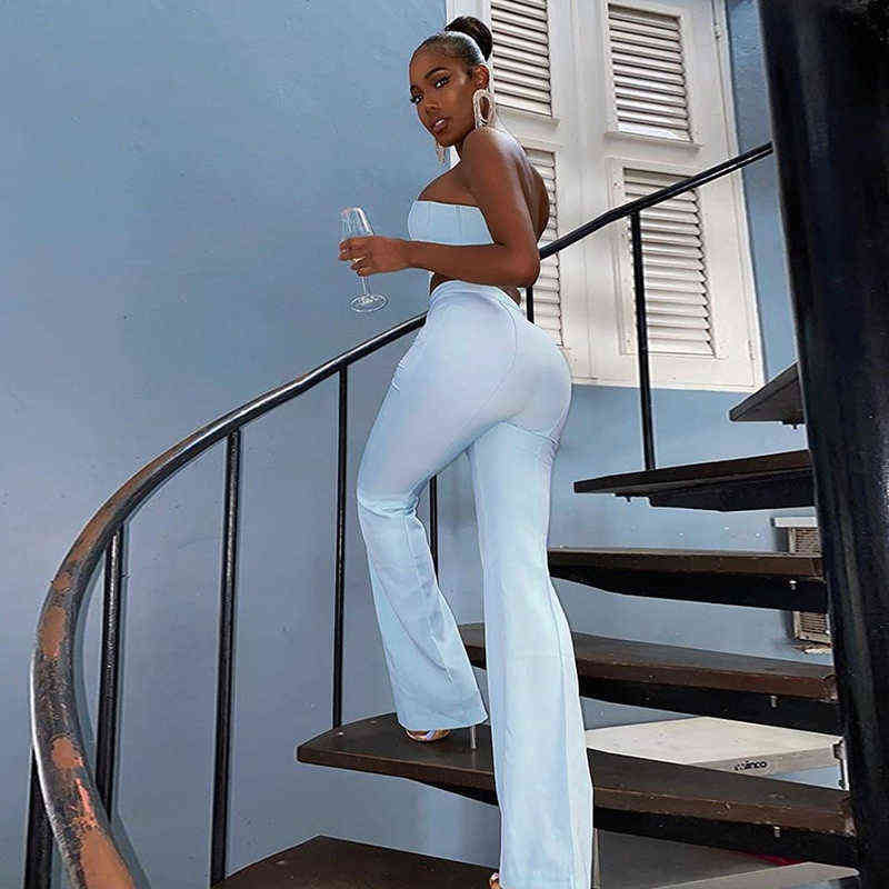 Asia Elegant Flars Pants Set Women Boning Bustier High Waist Long Two Piece Summer Sexy Party Wear Crop Top Suits 211105