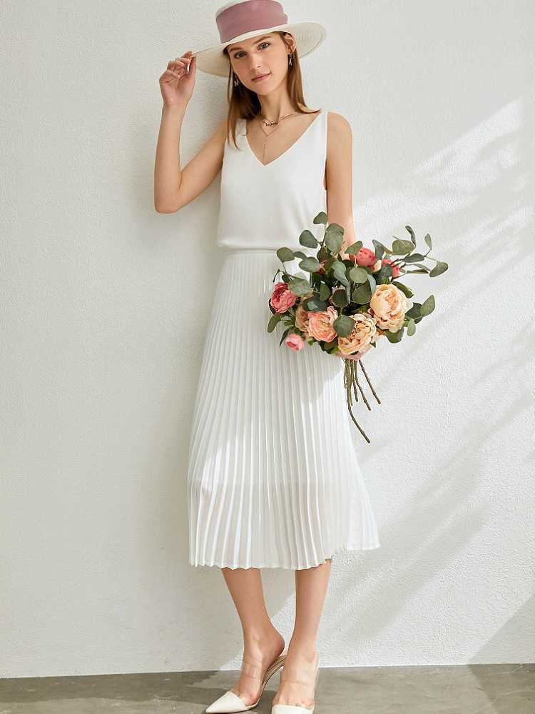 Spring Summer Office Wear White Black Long Skirt Vintage England Preppy Style Elastic Waist Basic Accordion Pleated Skirts 210619