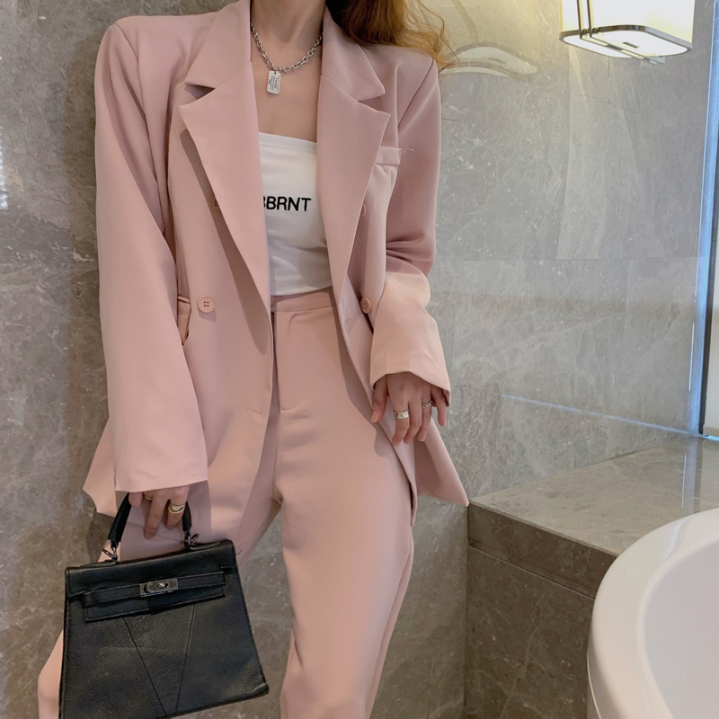 All Match OL Solid Women Retro Elegant Office Lady Blazers+ Loose Vintage Straight Trouser Suits 2 Piece Sets 210421