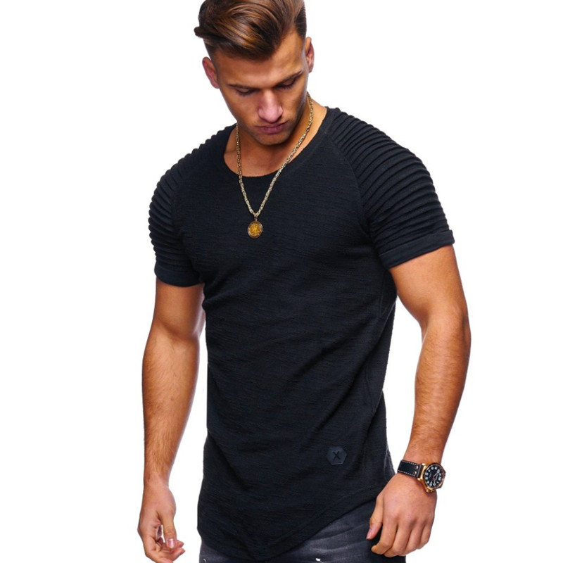 summer solid color design striped ruffled sleeve mens T-shirt Slim round neck T-shirt casual T-shirt solid color Clothes