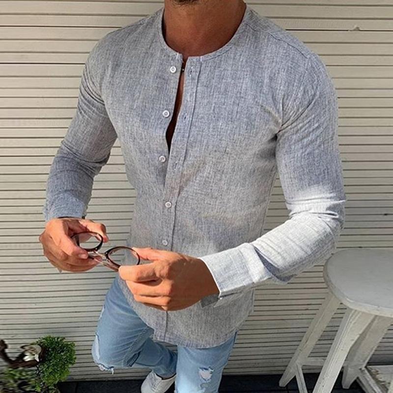 Fashion Men's Long Sleeve Spring Summer Collarless Full Sleeves Solid Color Single Breasted Slim Fit Comfortable Work Shirts Casual