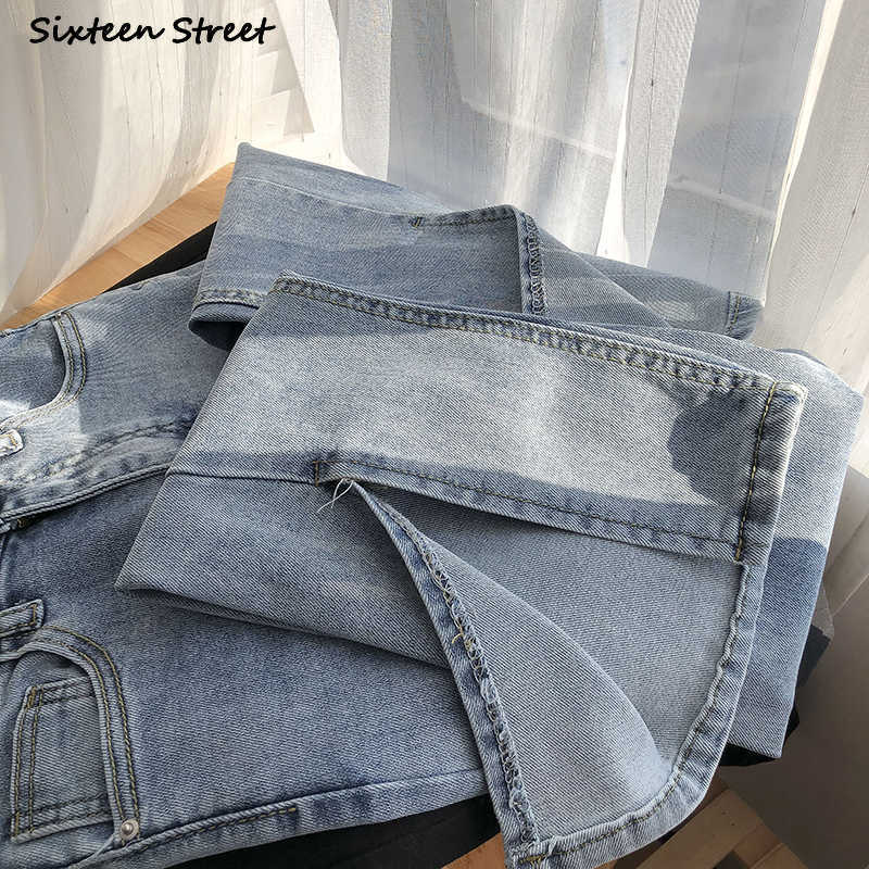 Streetwear Elastic Denim Flare Pants Woman High Waist Vintage Blue Split Jeans Korean Chic Gray Bell Bottom Female 210922
