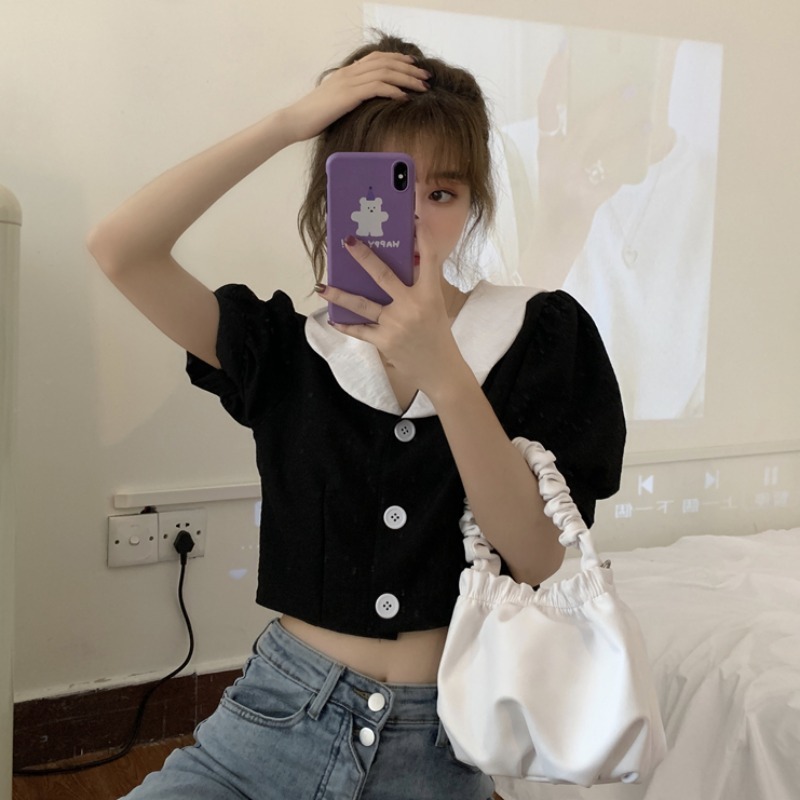 Neploe Women Blouses Peter Pan Collar Sweet Puff Sleeve Crop Tops Summer Blusas Mujer Korean Fashion Sexy Blouse Shirt 210422