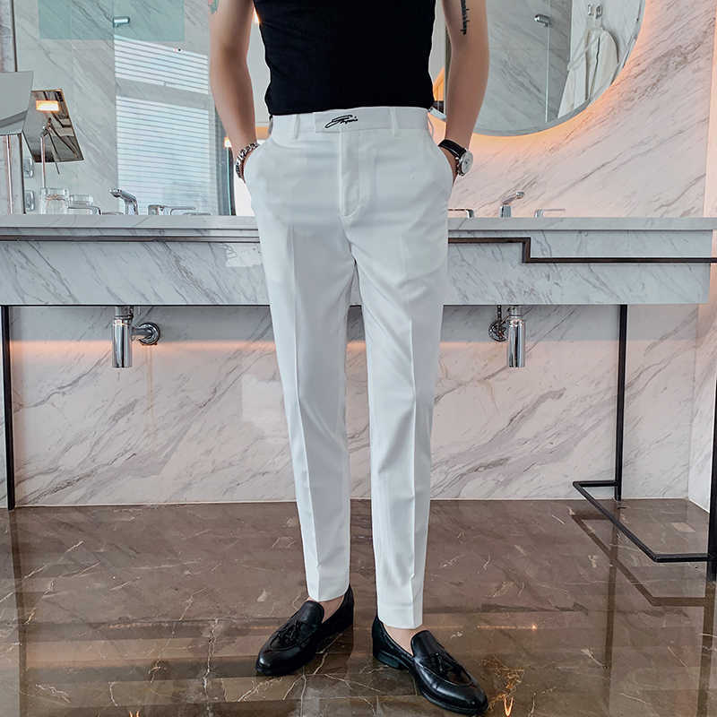 Embroidered Men's Business Dress Pants Slim Fit Office Social Suit Pants Casual Trousers Streetwear Black White 210527