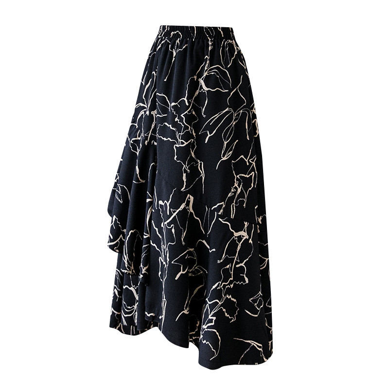 Skirts Womens Black Long Woman High Waist Korean Elegant Casual Ruffle Cotton Irregular A Line 210428