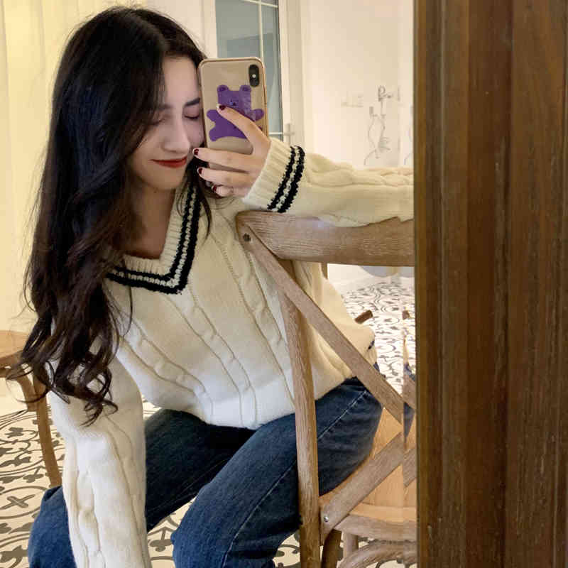 Autumn Winter korean style knitted Sweaters Womens Loose V neck Striped Sweater and Pullovers female (C8592) 210423