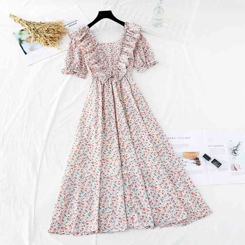 Purple chiffon dress Elegant V-neck Short Sleeve Women A-line Floral print Midi Dress Female Elastic Waist Party Vestidos 210521