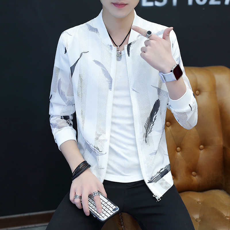 Sun Protection Clothing Summer Jackets Men Fashion Streetwear Slim Fit Bomber Jacket Stand Collar Print Hollow Outwear Coat 210818