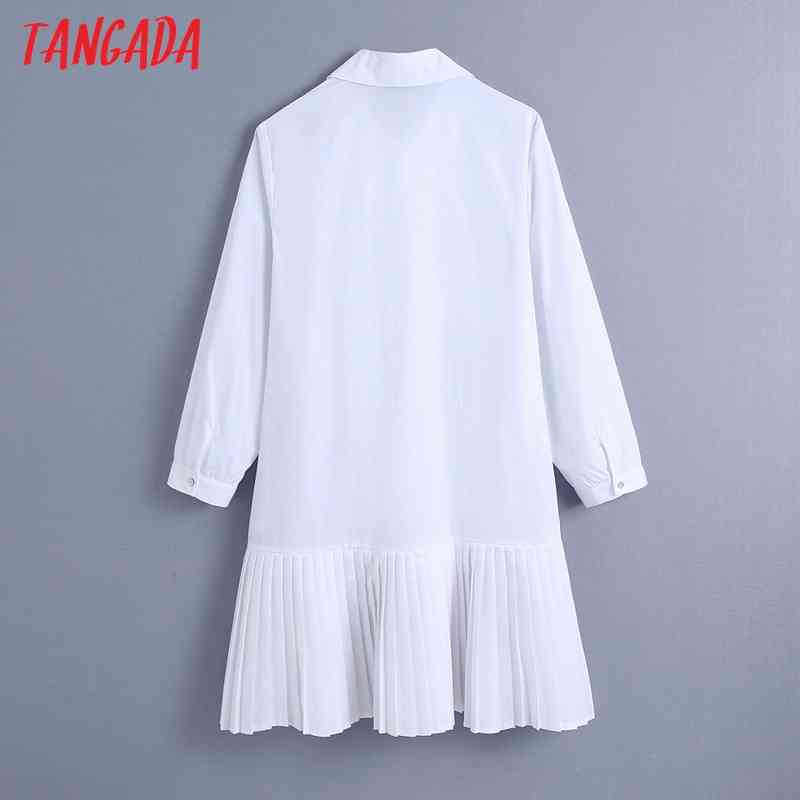 Women Chic Fashion White Pleated Shirt Dress Vintage Long Sleeve Female Dresses Vestidos BE469 210416