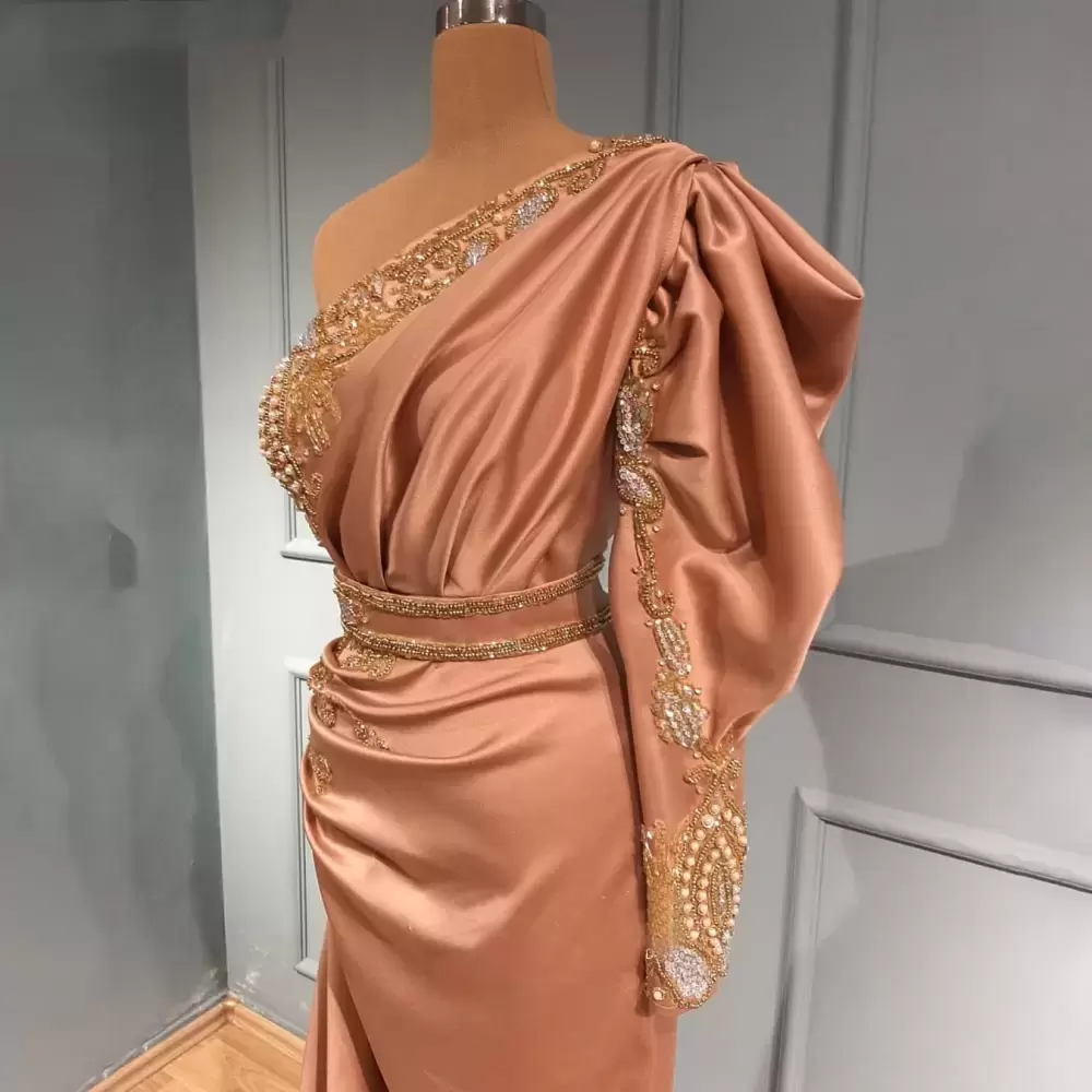 Sleeves Blush Pink Long Evening Dresses Satin One Shoulder Designer Beaded Crystlas Ruched Custom Made Prom Party Gown Formal Ocn Wear Vestidos