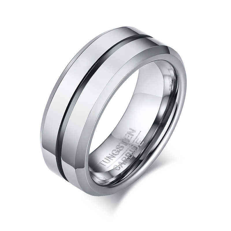 Tigrade Men Rings 8mm Tungsten Wedding Band Silver Color with Blue Line Stylish Male anillos hombre for anniversary ring 211218