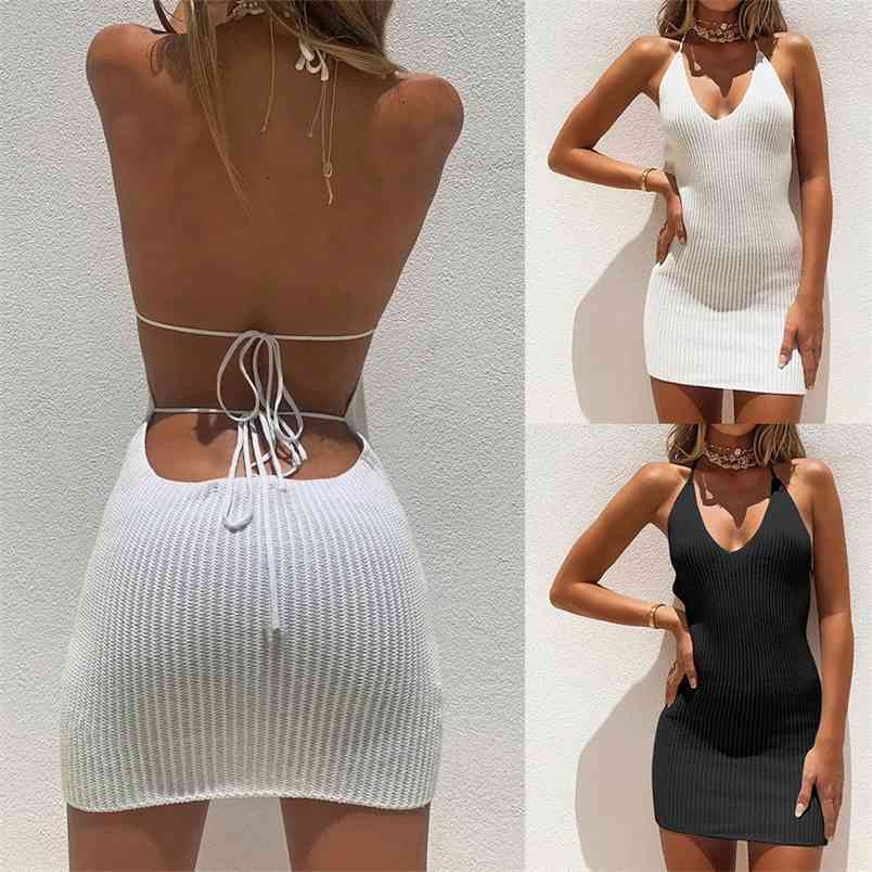 Sexy Bandage Backless Bodycon Dresses Women Summer Fashion Solid Wrap Hips Knitted Sleeveless Halter Party Mini 210522