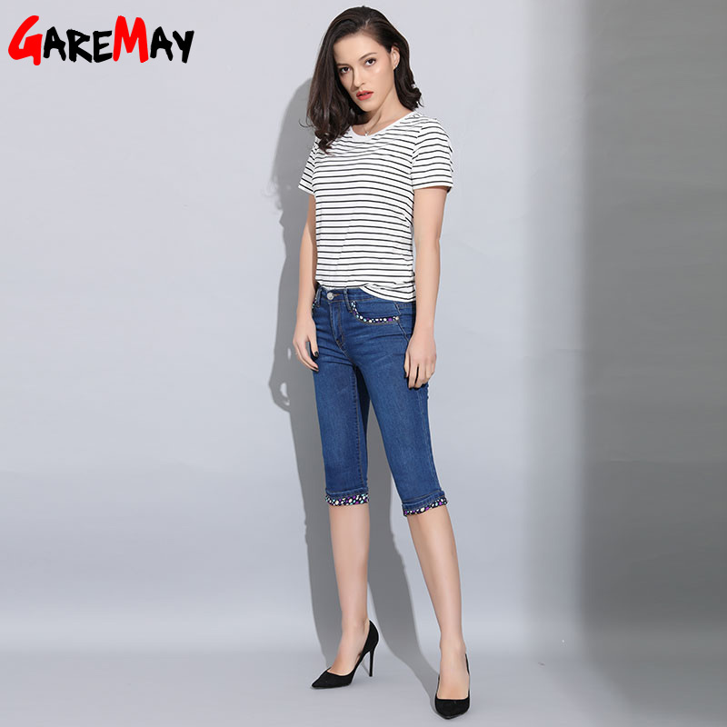 Skinny Capris Jeans Woman Summer Blue Denim Knee Length Women's Polka Dot Pants Capri for Women Jean Femme 210428