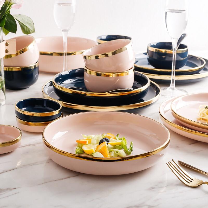 

Dishes & Plates Golden Edge Luxury Ceramic Complete Tableware Set For 2/4/6 Person Dining Porcelain Cake Plate Dinner Dish