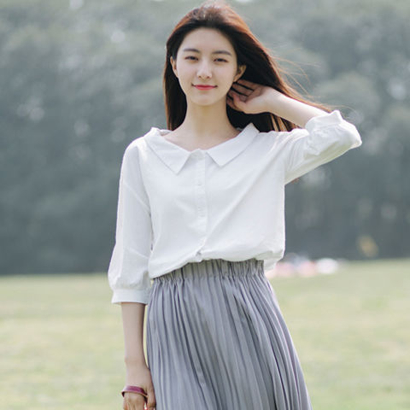 Spring Summer Korean Fashion Preppy Style Women 3/4 Sleeve Loose White Shirts Cotton Peter Pan Collar Casual Blouse S710 210512