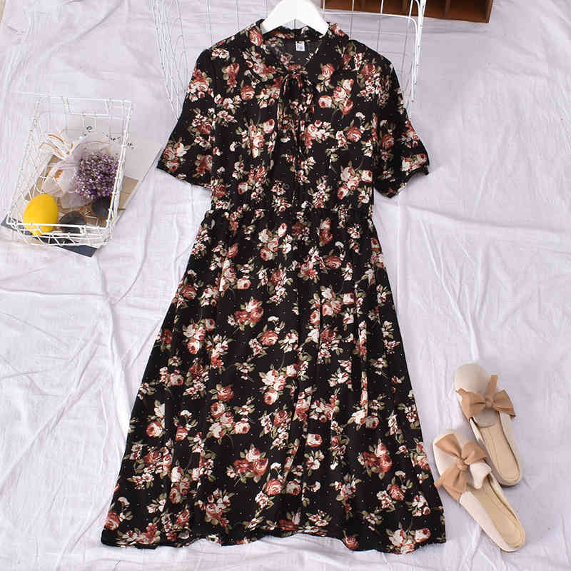 Girls Kawaii Chiffon Dress Floral Print Vintage Boho Women Ruffle Tie Front V Neck Summer Ladies Sweet 210519