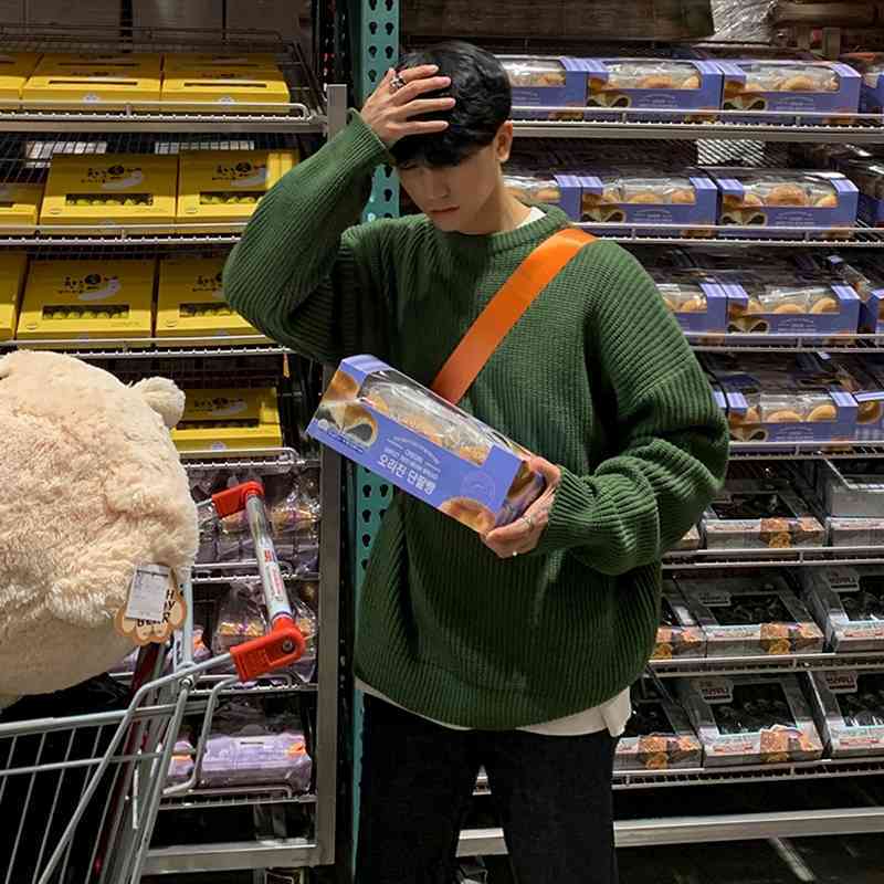 IEFB autumn winter round neck Sweater men's Korean fashion solid color loose basic loose kintwear vintage clothes oversize Y4524 210524