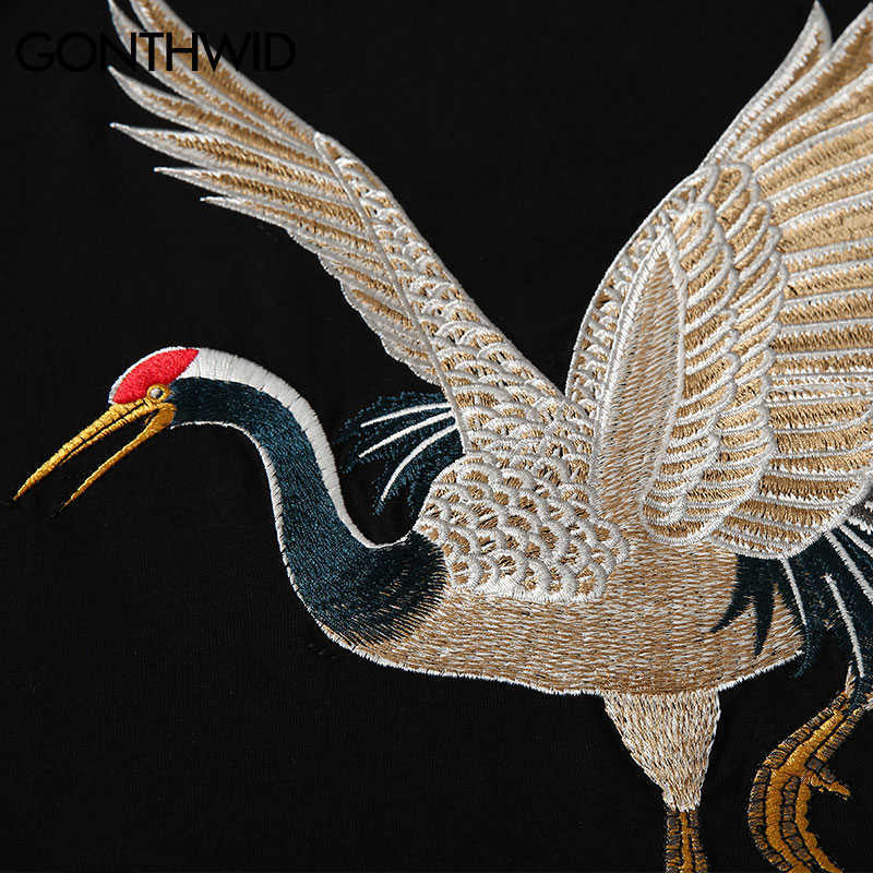 GONTHWID Harajuku Embroidery Crane Tees Shirts Mens Hip Hop Streetwear Tshirts Summer Fashion Casual Short Sleeve Tops Male 210623
