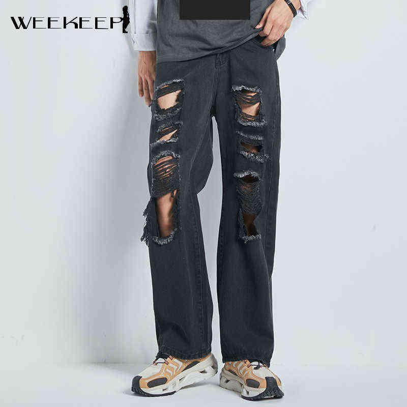 Weekeep Vintage Ripped Hole Jeans Women Baggy Cut Out High Waist Denim Pants Summer Korean Y2k Streetwear Fashion Straight 211129