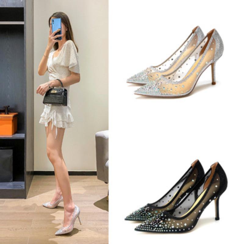 Dress Shoes Mesh Rhinestone Female 2021 Summer Colorful Crystals Low-Cut Pointed-Toe Stilettos Super High Heel Women's