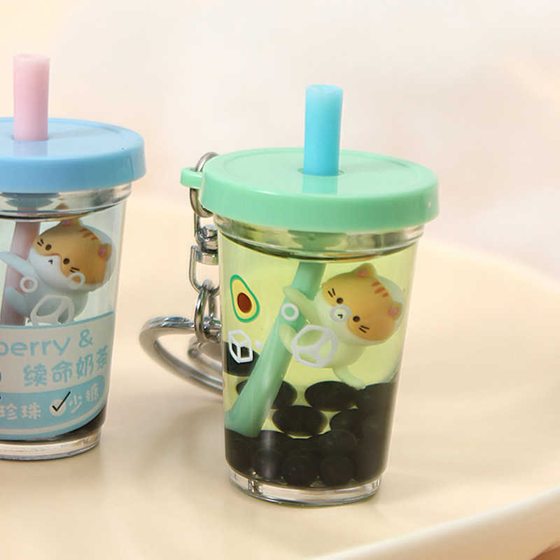 Creative Pearl Straw Milk Tea Cat Life Extension Keychain Cartoon Floating Kitty Liquid Key Chain Women Bag Pendant Keyfob Gifts G1019