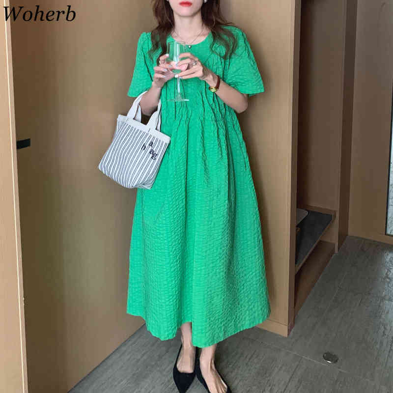 Summer Pleated Maxi Dress for Women Korean Robe O Neck Loose Vestidos Mujer Short Sleeve Elegant Temperament Dresses 210519