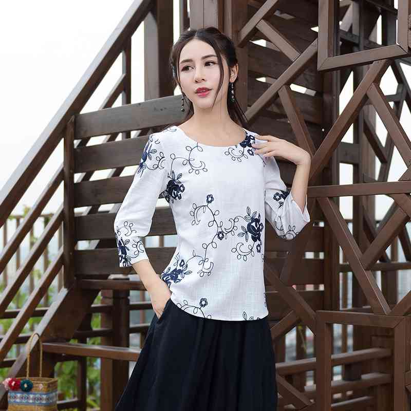 fashion art retro women blouse shirt floral embroidery summer female clothing plus size 's blusas topsD822 30 210506