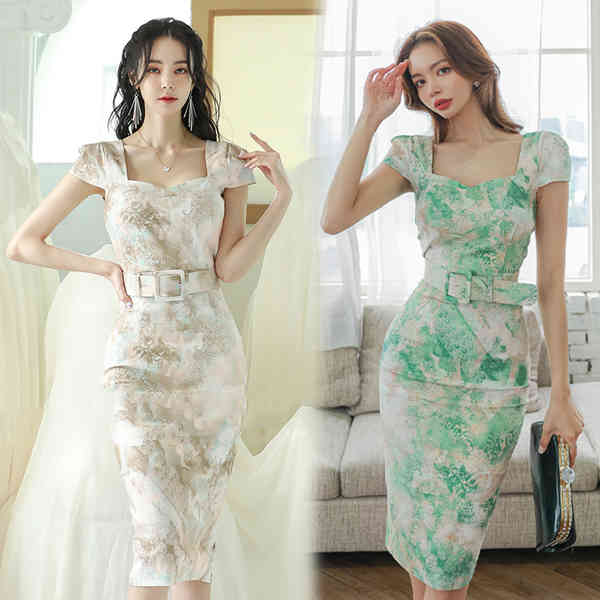 Vintage Elegant Print Pencil Dress Women's Summer Fashion Office OL Square Collar Bodycon Slim Waist Party Dresses Vestidos 210518