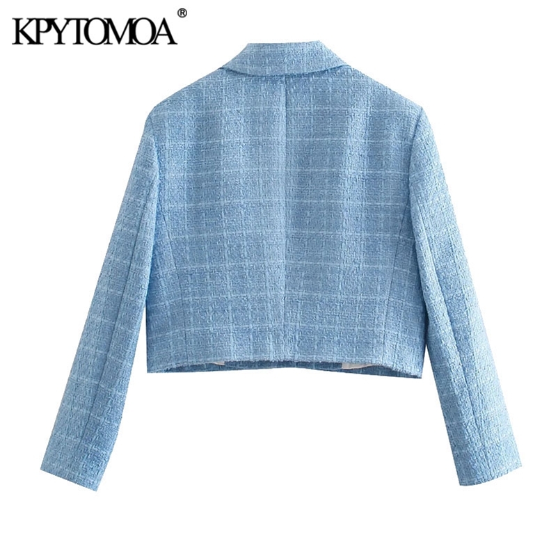 KPYTOMOA Women Fashion Single Breasted Tweed Cropped Blazer Coat Vintage Long Sleeve Pockets Female Outerwear Chic Veste 211116