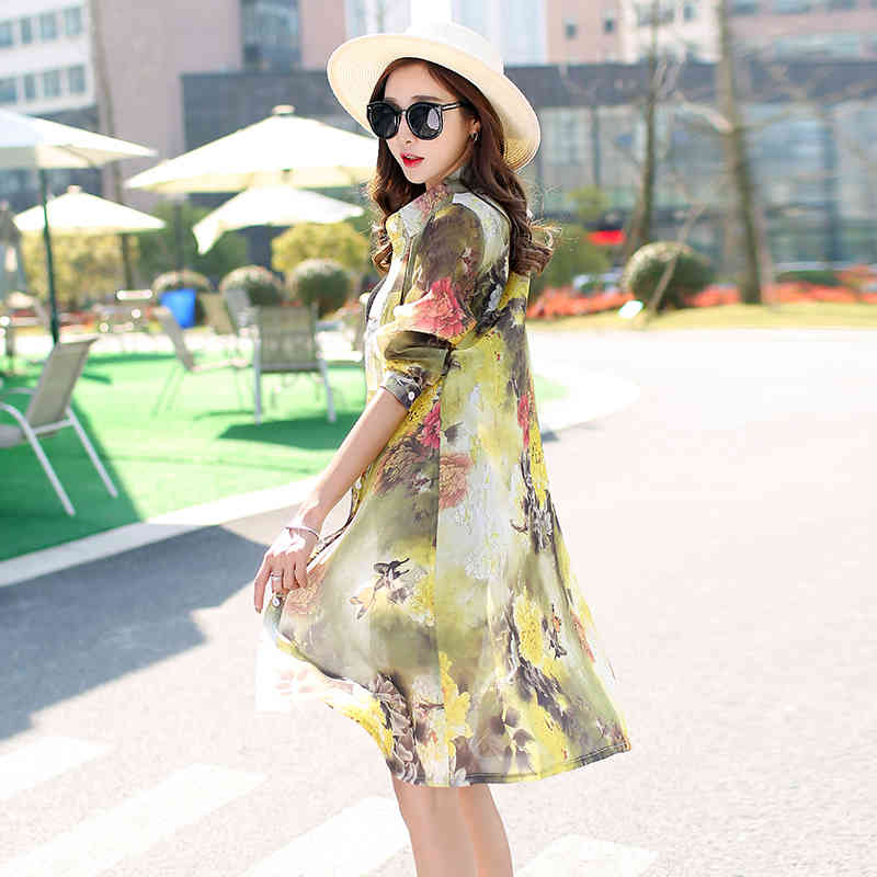 Summer Long Shirt Women Beach Sun Protection Clothes Floral Loose Sleeve Cardigan Chiffon Blouse Print Tops 9127 50 210508