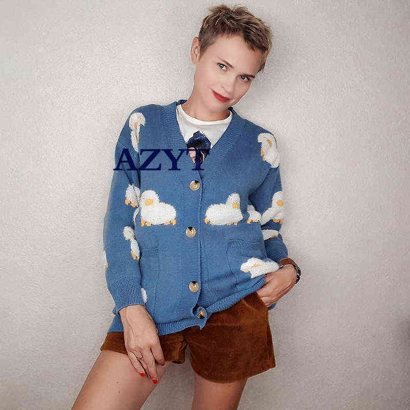 Autumn Winter Knit Female Cardigan Cute Cartoon Print V Neck knitted Cardigan Female Jacket Loose Knit Women Sweater Coat 211109