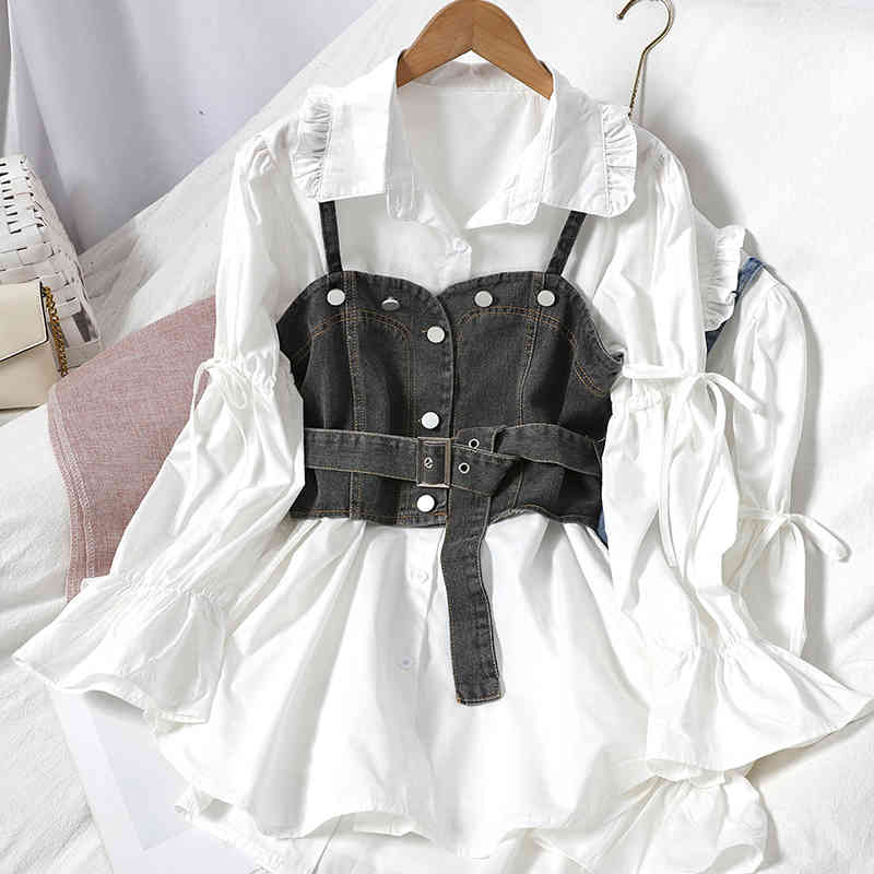 Nomikuma Spring Women 2piece Sets Lace Up Puff Sleeve Turn-down Collar Blouse + Sashes Slim Waist Sling Demin Vest 6D998 210427