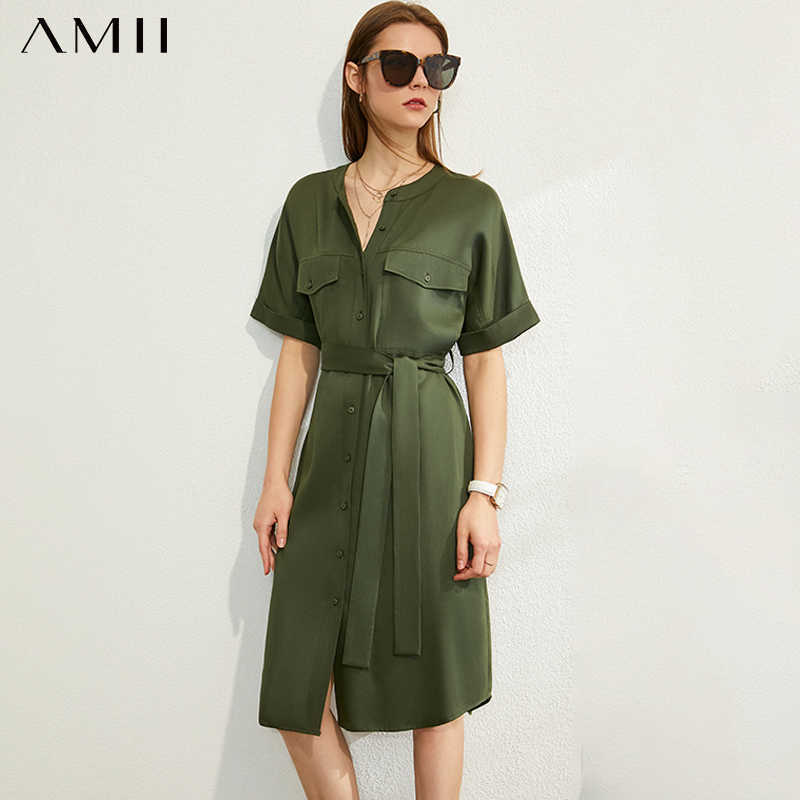 Summer Women Elegant Dresses Office Lady Round Neck Half Sleeve Single-breasted with Belt Female Dress 12040165 210527